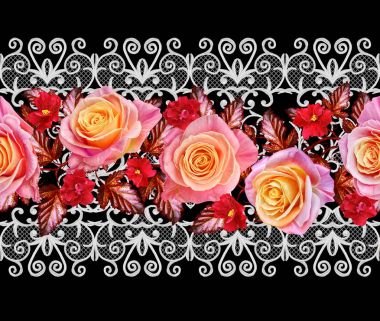 Garland, narin pembe ve sarı güller, parlak kırmızı çiçek bir buket. Çiçek yatay kenarlık. Seamless modeli. Altın dokulu bukleler. Oryantal tarzı Arabesk. Parlak dantel, hassas dokuma Ajur.