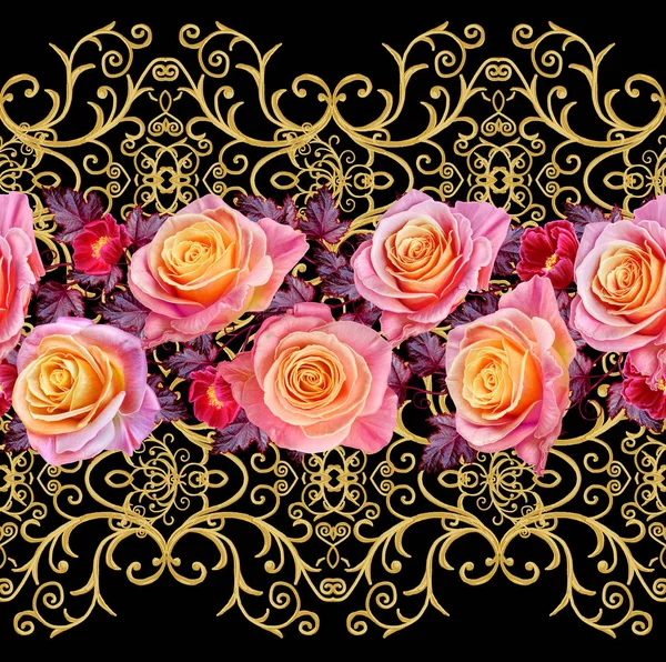 Guirnalda, un ramo de delicadas rosas rosadas y amarillas, flores de color rojo brillante. Frontera horizontal floral. Patrón sin costuras. Rizos dorados texturizados. Arabescos de estilo oriental. Brillante encaje, calado tejido delicado . —  Fotos de Stock