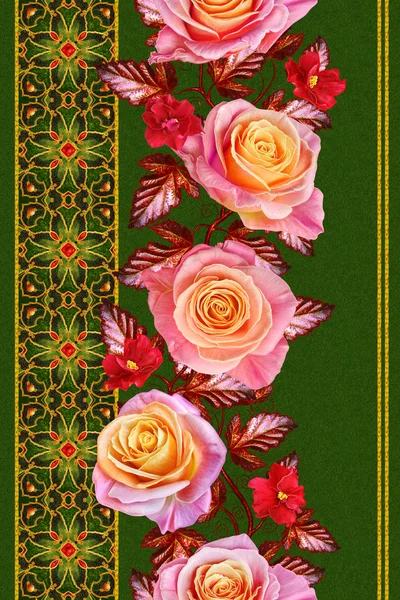 Garland, bukiet delikatny różowy i żółty róże, jasne czerwone kwiaty. Kwiatowy granicy pionowej. Jednolity wzór. Złote Loki teksturą. Styl Orientalny arabeski. Genialny koronki, tkania delikatne ażurowe. — Zdjęcie stockowe