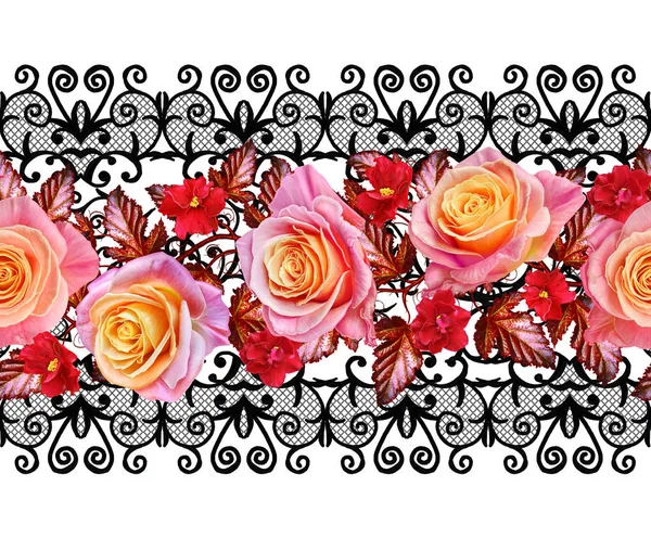 Гірлянди, букет делікатний рожеві і жовті троянди, яскраво-червоні квіти. Квіткові горизонтальна межа. Безшовні візерунок. Золотий текстурованою кучерями. Східному стилі шаблон дизайну. Блискучий мережива, ажурні ткацтво делікатний. — стокове фото