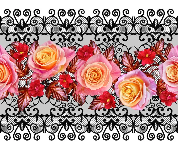 Garland, um buquê de delicadas rosas rosa e amarelo, flores vermelhas brilhantes. Fronteira horizontal floral. Padrão sem costura. Cachos texturizados dourados. Arabescos de estilo oriental. renda brilhante, tecelagem Openwork delicado . — Fotografia de Stock