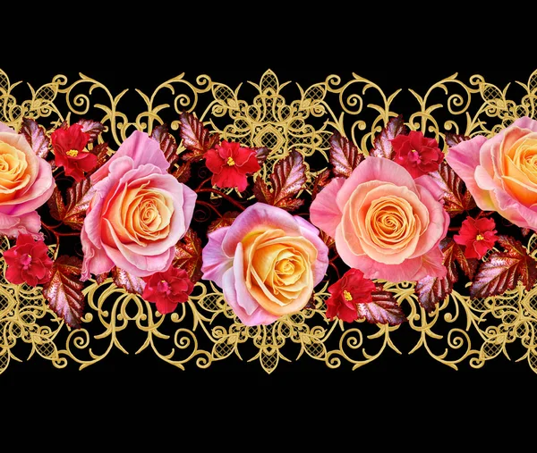 Guirlande, un bouquet de délicates roses et jaunes, fleurs rouge vif. Bordure horizontale florale. Modèle sans couture. Boucles texturées dorées. Arabesques de style oriental. Dentelle brillante, tissage ajouré délicat . — Photo