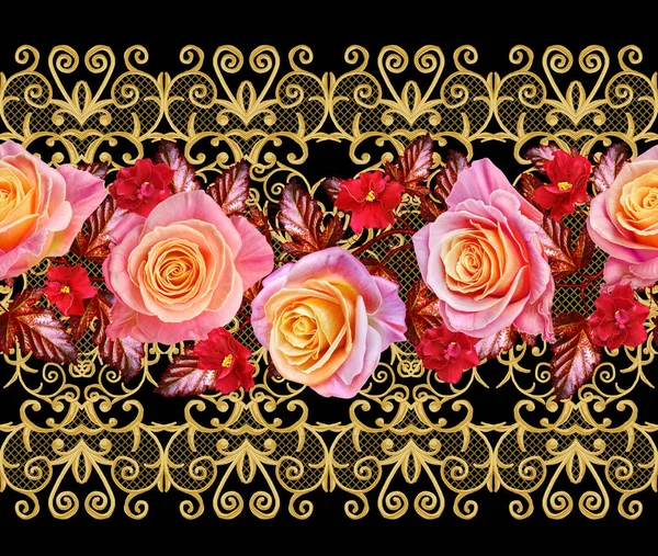 Garland, a bouquet of delicate pink and yellow roses, bright red flowers. Floral horizontal border. Seamless pattern. Golden textured curls. Oriental style arabesques. Brilliant lace,    Openwork weaving delicate. — Stock Photo, Image