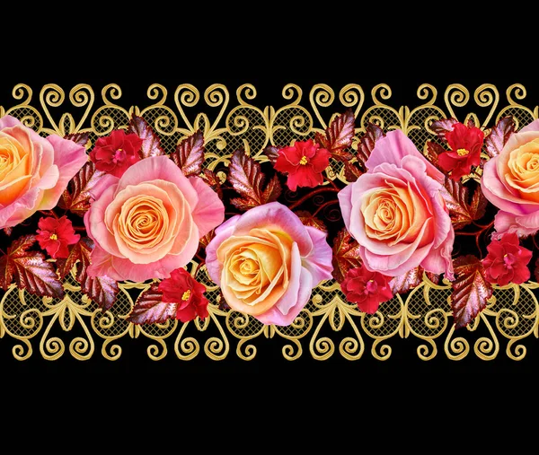 Guirlande, un bouquet de délicates roses et jaunes, fleurs rouge vif. Bordure horizontale florale. Modèle sans couture. Boucles texturées dorées. Arabesques de style oriental. Dentelle brillante, tissage ajouré délicat . — Photo