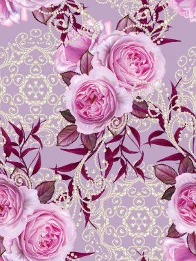 Sorunsuz çiçek desenli. Narin pembe gül buketi, parlak kırmızı bırakır. Beyaz İnci bukleler