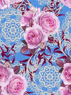 Sorunsuz çiçek desenli. Narin pembe gül buketi, parlak kırmızı bırakır. Beyaz İnci bukleler