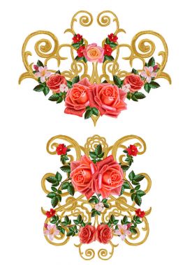 Altın dokulu bukleler. Oryantal tarzı Arabesk. Parlak dantel, stilize çiçekler. Dokuma narin, altın arka plan, kompozisyon, garland Ajur kırmızı, pembe ve sarı güller.