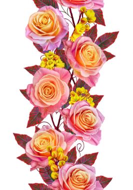 Garland, narin pembe ve sarı güller, parlak kırmızı çiçek bir buket. Çiçek dikey kenarlık. Seamless modeli. Beyaz arka plan üzerinde izole.