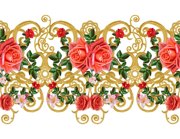 Padrão sem costura. Cachos texturizados dourados. Arabescos de estilo oriental. Renda brilhante, flores estilizadas. Openwork tecelagem delicada, fundo dourado, composição. grinalda rosa delicada e rosas amarelas, flores vermelhas brilhantes — Fotografia de Stock