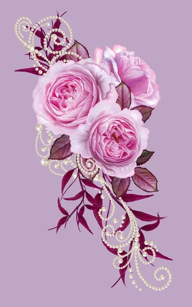 꽃 배경입니다. 섬세 한 핑크 장미 꽃다발, 밝은 빨간색 단풍, openwork 흰색 진주의 곱슬. — 스톡 사진