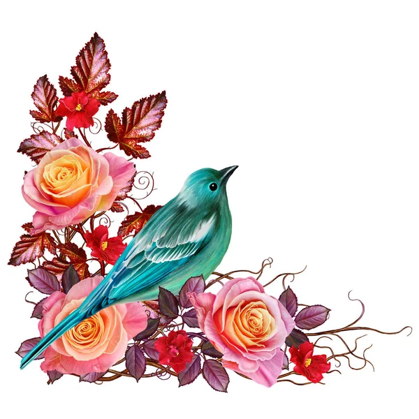 Floral background. Isolated on white background. Composition of delicate pink roses, bright leaves, thin branches. A small blue bird sits on a branch. — Stock Photo, Image