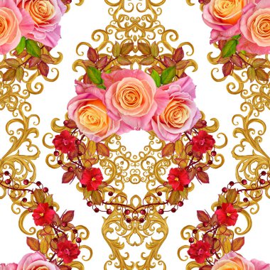 Desen, kesintisiz, çiçek sınır. Çiçek çelenk. Güzel turuncu gül tomurcukları, yaprakları, kaba kumaş, tuval. Altın bukleler, parlak oyma dokuma. Vintage eski arka plan.