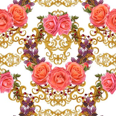 Desen, kesintisiz, çiçek sınır. Çiçek çelenk. Güzel turuncu gül tomurcukları, yaprakları, kaba kumaş, tuval. Altın bukleler, parlak oyma dokuma. Vintage eski arka plan.