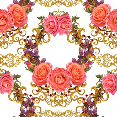 Desen, kesintisiz, çiçek sınır. Çiçek çelenk. Güzel turuncu gül tomurcukları, yaprakları, kaba kumaş, tuval. Altın bukleler, parlak oyma dokuma. Vintage eski arka plan.