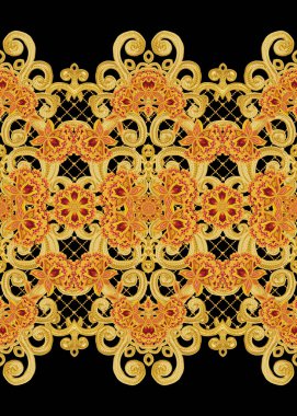 Seamless modeli. Altın dokulu bukleler. Oryantal tarzı Arabesk. Parlak dantel, stilize çiçekler. Narin, altın arka plan dokuma Ajur. Paisley, Hint salatalık.