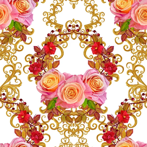Φαντασία, απρόσκοπτη, floral σύνορα. Γιρλάντα από λουλούδια. Όμορφη πορτοκαλί τριαντάφυλλο, μπουμπούκια, φύλλα, τραχιά υφάσματα, καμβά. Χρυσές μπούκλες, λαμπερά tracery ύφανση. Εκλεκτής ποιότητας φόντο παλιά. — Φωτογραφία Αρχείου