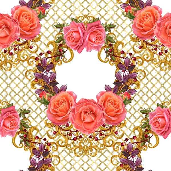 Pattern, seamless, floral border. Garland of flowers. Beautiful orange rose, buds, leaves, rough cloth, canvas. Golden curls, shiny tracery weave. Vintage old background. — Stock Photo, Image