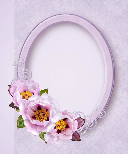 Ovale fotolijstjes. Boeket van pioenrozen roze en pastel. Samenstelling van de bloem. Pastel Toon. — Stockfoto