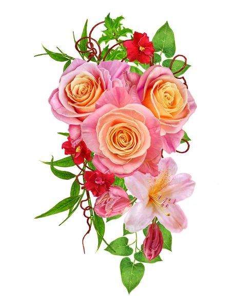 Floral background. Composition of delicate beautiful orange roses, bright leaves, red small flowers. Isolated on white background.