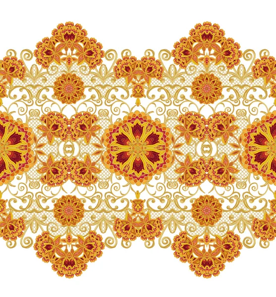 Seamless pattern. Golden textured curls. Oriental style arabesques. Brilliant lace, stylized flowers. Openwork weaving delicate, golden background. Paisley, Indian cucumber. — Stock Photo, Image