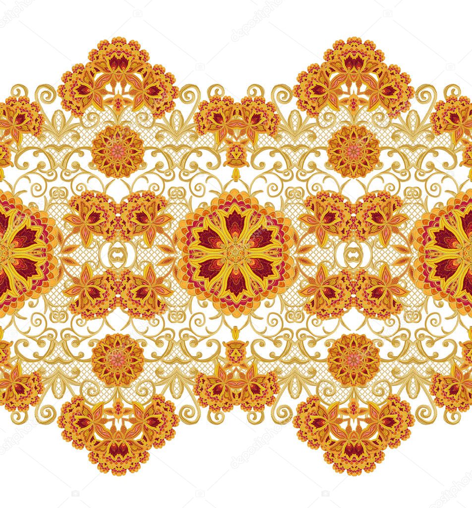 Seamless pattern. Golden textured curls. Oriental style arabesques. Brilliant lace, stylized flowers. Openwork weaving delicate, golden background. Paisley, Indian cucumber.