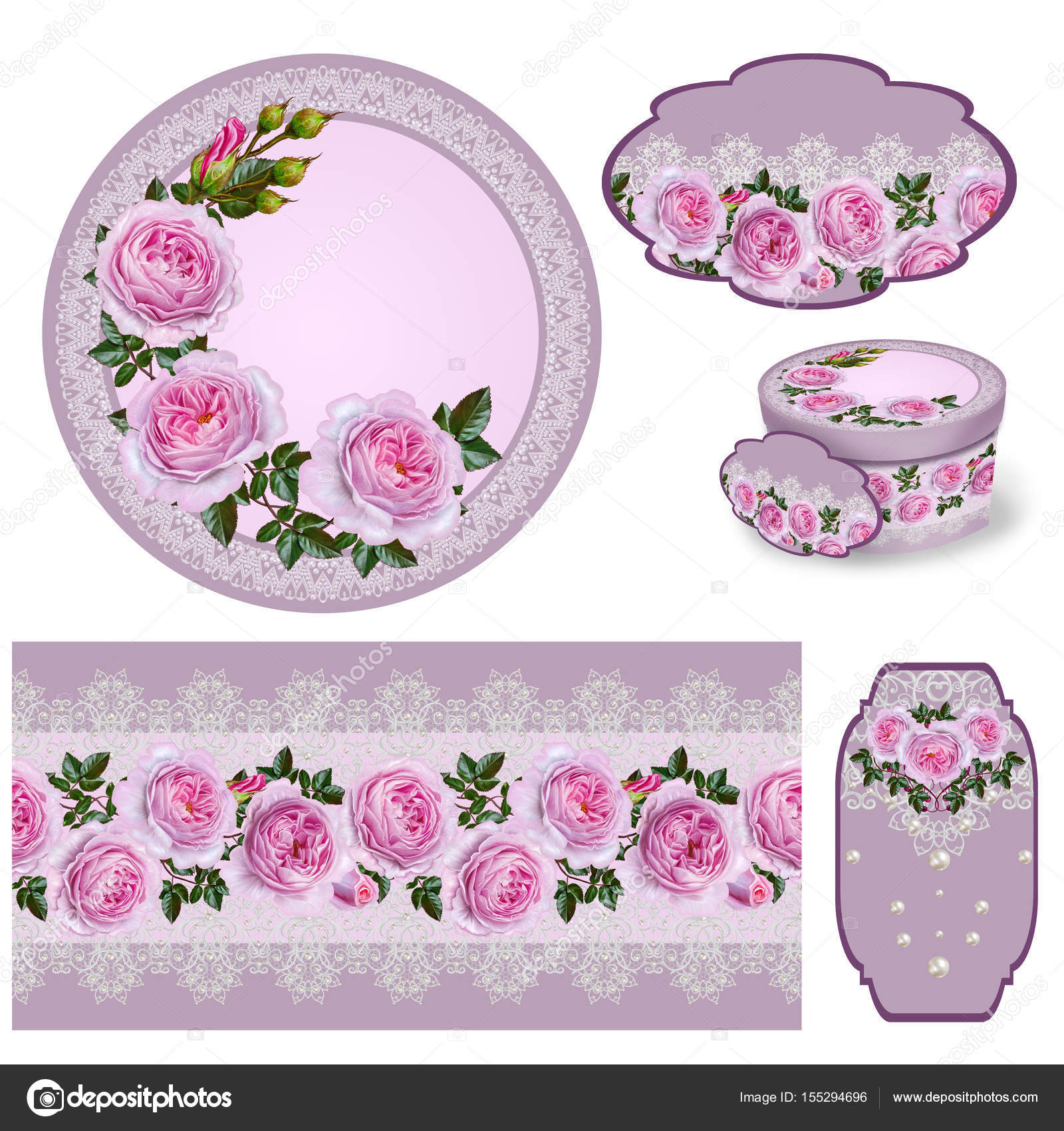 Set for packaging. Box round. Label. decoupage. Floral backgroun Stock