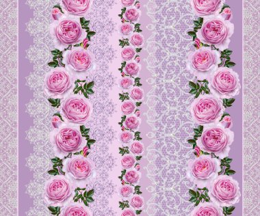 Dikişsiz desen sınır. Narin, dokuma Ajur Gümüş arka plan, parlak dantel, vintage eski tarzı Arabesk. Dekoratif kenar. Pastel pembe gül buketi çiçek çelenk