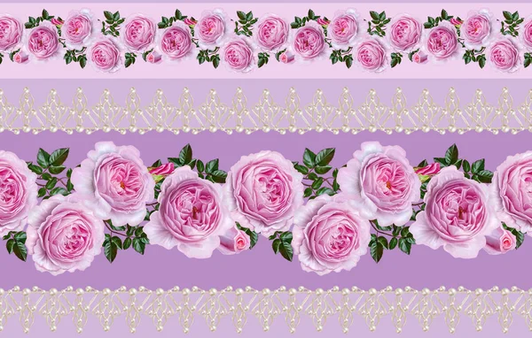 Seamless pattern border. Openwork weaving delicate, silver background, shiny lace, vintage old style arabesques. Edging decorative. Bouquets flower garland of pink pastel roses — Stock Photo, Image