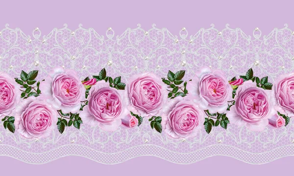 Безшовна рамка візерунка. Ажурне плетіння ніжний, срібний фон, блискучий мереживо, старовинні старі арабески. Окантовка декоративна. Букети квітка гірлянди з рожевих пастельних троянд — стокове фото