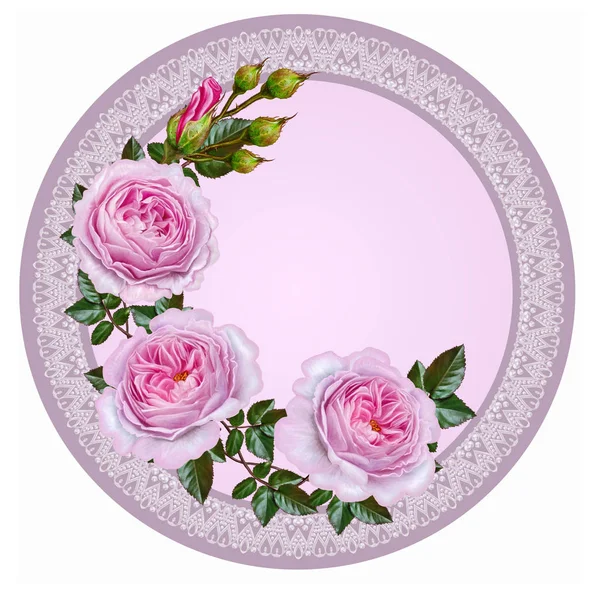 Guirlande de délicates belles roses roses en cercle. Bordure de boucles de perles, ton pastel, forme ronde . — Photo