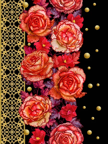 Garland, bouquet of delicate orange roses, bright red flowers. Seamless pattern. Golden textured curls. Oriental style arabesques. Brilliant lace. Openwork weaving delicate. — Stock Photo, Image