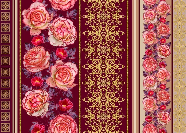 Garland, bouquet of delicate orange roses, bright red flowers. Seamless pattern. Golden textured curls. Oriental style arabesques. Brilliant lace. Openwork weaving delicate. — Stock Photo, Image