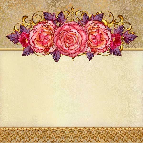 Fundo floral. Saudação postal vintage, tom pastel, estilo antigo. Arranjo de flores de rosa delicado e rosas laranja . — Fotografia de Stock