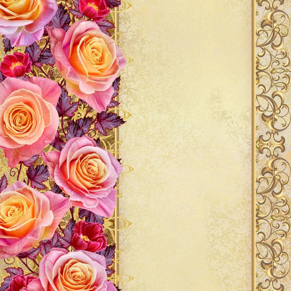 Fundo floral. Saudação postal vintage, tom pastel, estilo antigo. Arranjo de flores de rosa delicado e rosas laranja . — Fotografia de Stock
