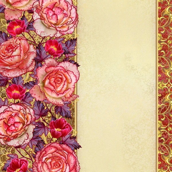Floral background. Greeting vintage postcard, pastel tone, old style. Flower arrangement of  orange roses. — Stock Photo, Image
