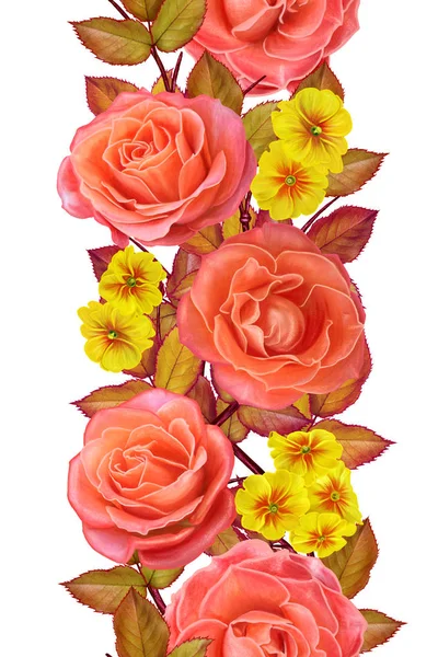 Vertikal blommig kant. Seamless mönster. Krans av ljusa vackra orange rosor, röda blad och blommor. Isolerad på vit bakgrund. — Stockfoto