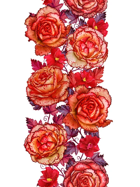 Virágos függőleges szegélyt. Varrat nélküli mintát. Girland, fényes szép narancssárga rózsák, piros levelek és virágok. Elszigetelt fehér background. — Stock Fotó