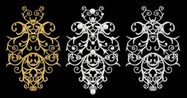 dekoratif öğeler kümesi. Parlak altın ve gümüş bukleler, Arap motifi, Arabesk. İzole.