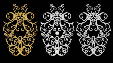 dekoratif öğeler kümesi. Parlak altın ve gümüş bukleler, Arap motifi, Arabesk. İzole.