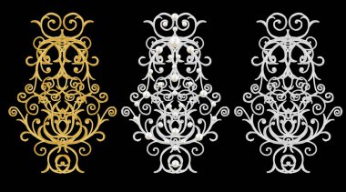 dekoratif öğeler kümesi. Parlak altın ve gümüş bukleler, Arap motifi, Arabesk. İzole.