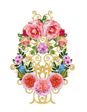 Altın dokulu bukleler. Oryantal tarzı Arabesk. Parlak dantel, stilize çiçekler. Dokuma narin, altın arka plan, kompozisyon, kırmızı, pembe ve turuncu gül çelenk Ajur.