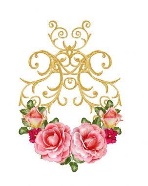 Altın dokulu bukleler. Oryantal tarzı Arabesk. Parlak dantel, stilize çiçekler. Dokuma narin, altın arka plan, kompozisyon, kırmızı, pembe ve turuncu gül çelenk Ajur.