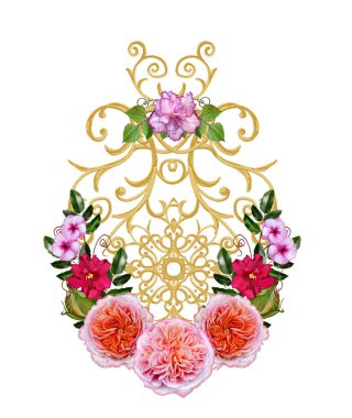 Altın dokulu bukleler. Oryantal tarzı Arabesk. Parlak dantel, stilize çiçekler. Dokuma narin, altın arka plan, kompozisyon, kırmızı, pembe ve turuncu gül çelenk Ajur.