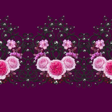 Dikişsiz desen sınır. Narin, dokuma Ajur siyah dantel, vintage eski tarzı Arabesk. Dekoratif kenar. Dan inciler, boncuk dekorasyon. Beyaz güller çiçek çelenk.