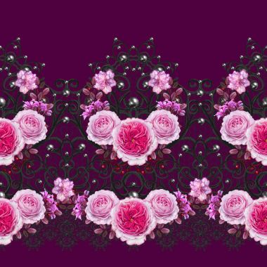 Dikişsiz desen sınır. Narin, dokuma Ajur siyah dantel, vintage eski tarzı Arabesk. Dekoratif kenar. Dan inciler, boncuk dekorasyon. Beyaz güller çiçek çelenk.