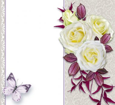Çiçek arka plan. Tebrik vintage kartpostal, pastel tonu, eski stil. İhale beyaz gül ve kırmızı yaprakları çiçek aranjmanı.