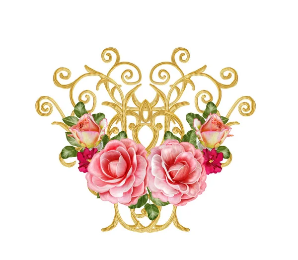 Golden textured curls. Oriental style arabesques. Brilliant lace, stylized flowers. Openwork weaving delicate, golden background, composition, garland of red, Pink and orange roses. — Stock Photo, Image