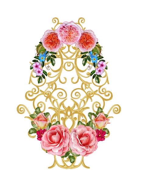 Golden textured curls. Oriental style arabesques. Brilliant lace, stylized flowers. Openwork weaving delicate, golden background, composition, garland of red, Pink and orange roses. — Stock Photo, Image