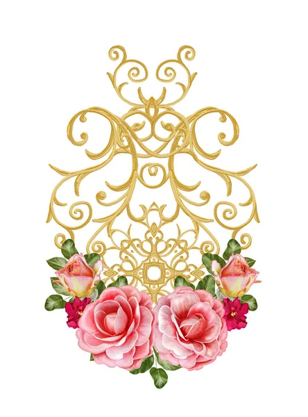 Golden textured curls. Oriental style arabesques. Brilliant lace, stylized flowers. Openwork weaving delicate, golden background, composition, garland of red, Pink and orange roses. — Stock Photo, Image