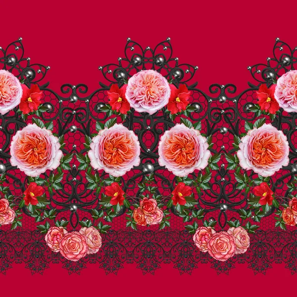 Garland, bouquet of delicate orange roses, bright red flowers.